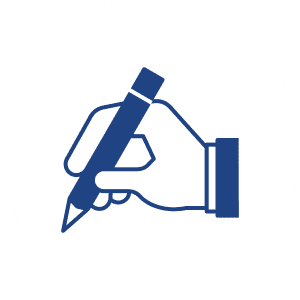 青色の線で描かれたペンを持つ手のアイコン