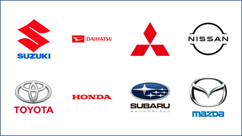 日本の主要自動車メーカーのロゴ一覧：SUZUKI、DAIHATSU、MITSUBISHI、NISSANなど