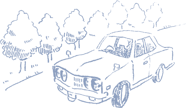 並木道を走るクラシックカー風の車を描いた青色の線画イラスト