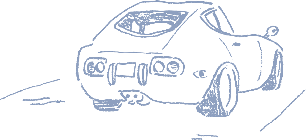 後ろ向きに走るスポーツカーを青色の線画で描いたイラスト